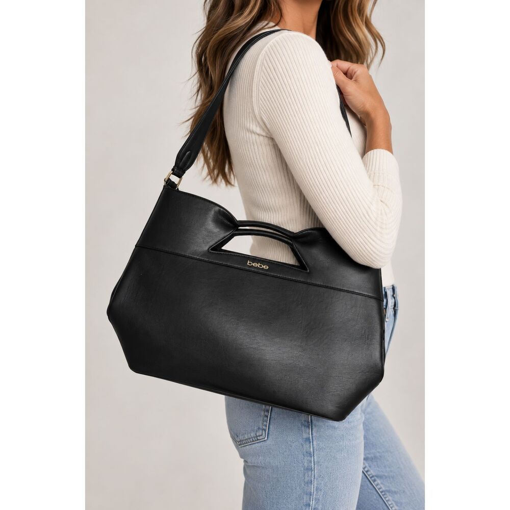 Bebe Black Shoulder Bag Cutout Handle Large Tote Purse Gold Logo Pouch Y2K